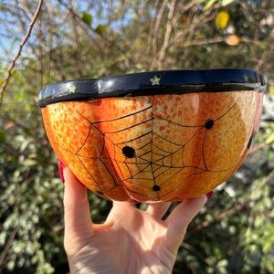 Vintage whimsy goth star Spiderweb bat crackle Ceramic Bowl/planter